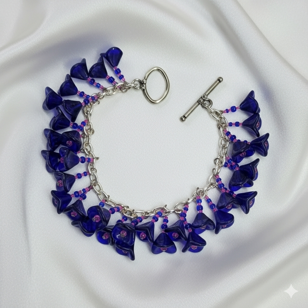 Charm Bracelet 7.25" Handmade Cobalt Blue Flower Czech Press Pink Glass Beads